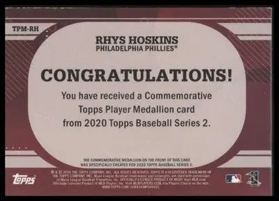 2020 Topps Rhys Hoskins #TPM-RH Topps Player Medallions Philadelphia Phillies - Baseball Card Single