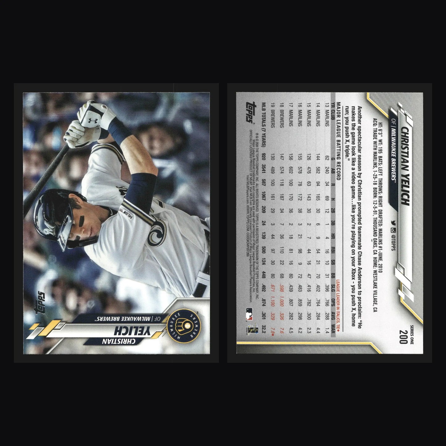 2020 Topps Series 1 #200 Christian Yelich Milwaukee Brewers - Baseball Card Single