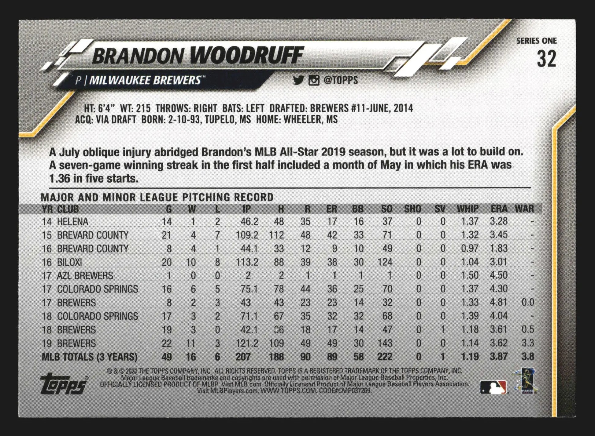 2020 Topps Series 1 #32 Brandon Woodruff Milwaukee Brewers - Baseball Card Single