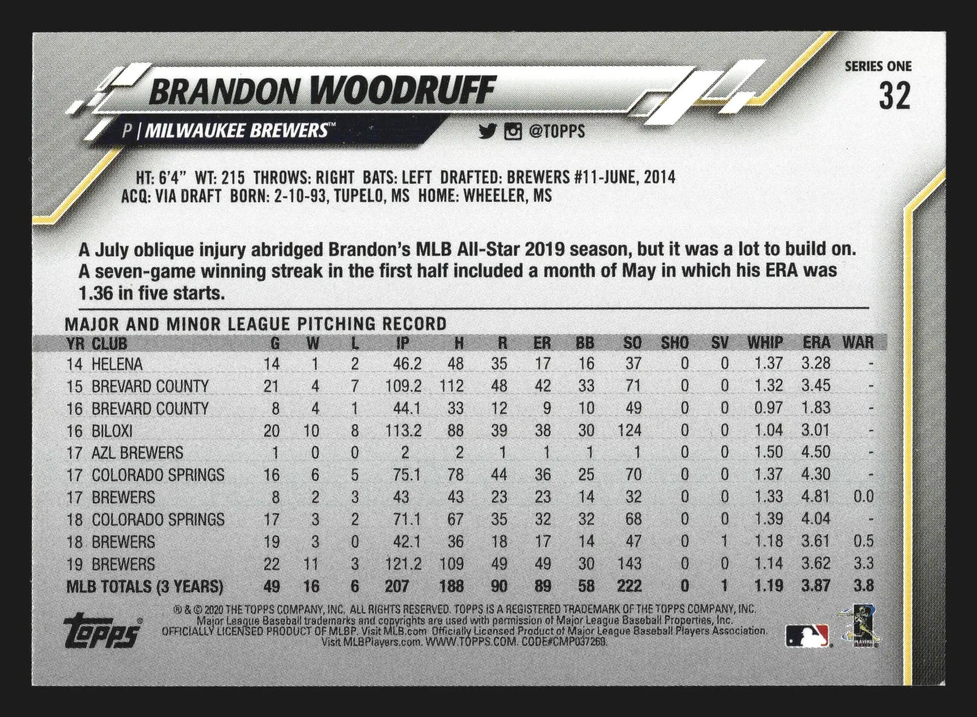 2020 Topps Series 1 #32 Brandon Woodruff Rainbow Foil Brewers - Baseball Card Single