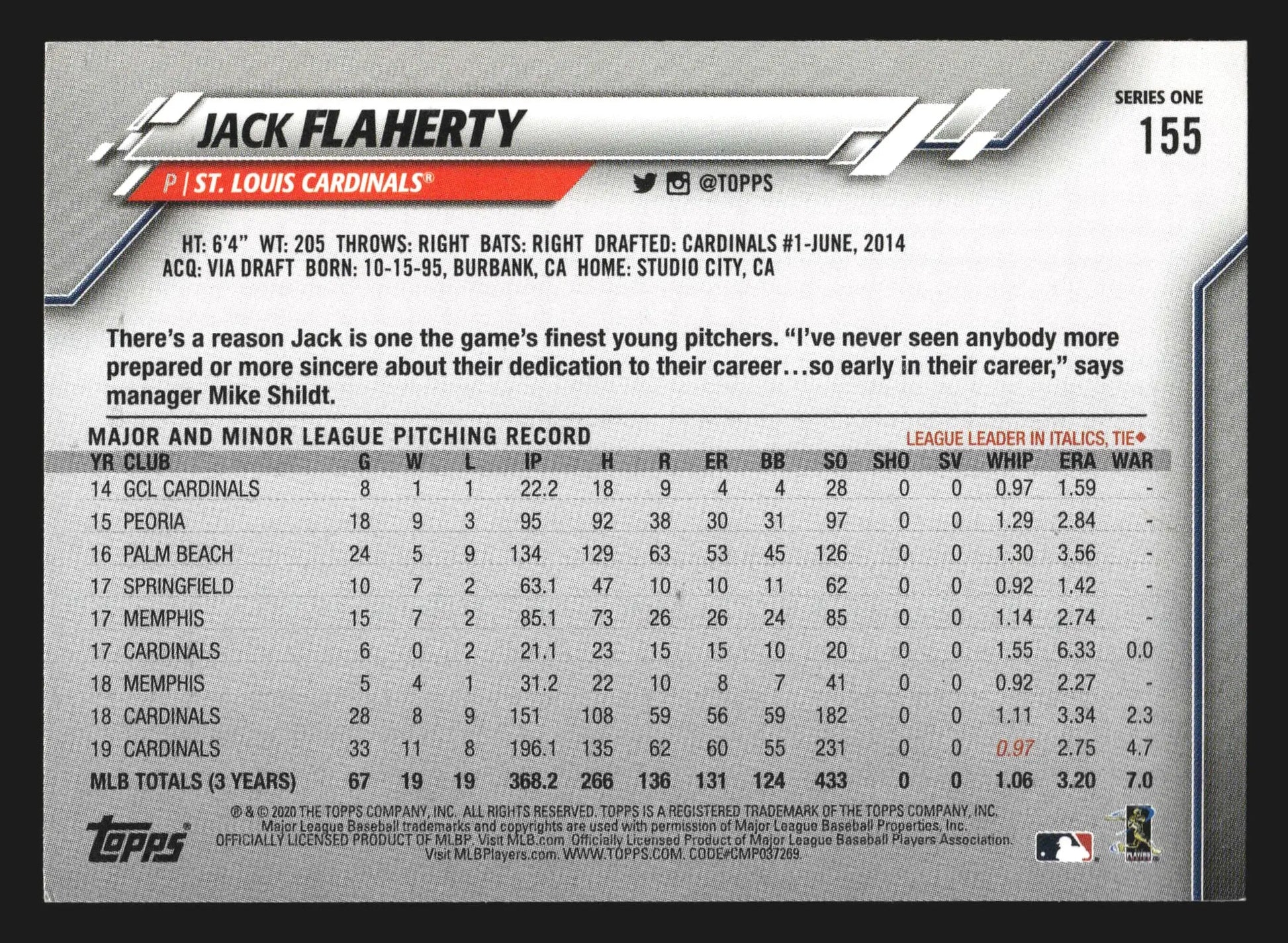 2020 Topps Series 1 Jack Flaherty #155 St. Louis Cardinals - Baseball Card Single