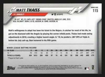 2020 Topps Series 1 Matt Thaiss #115 RC Los Angeles Angels - Baseball Card Single