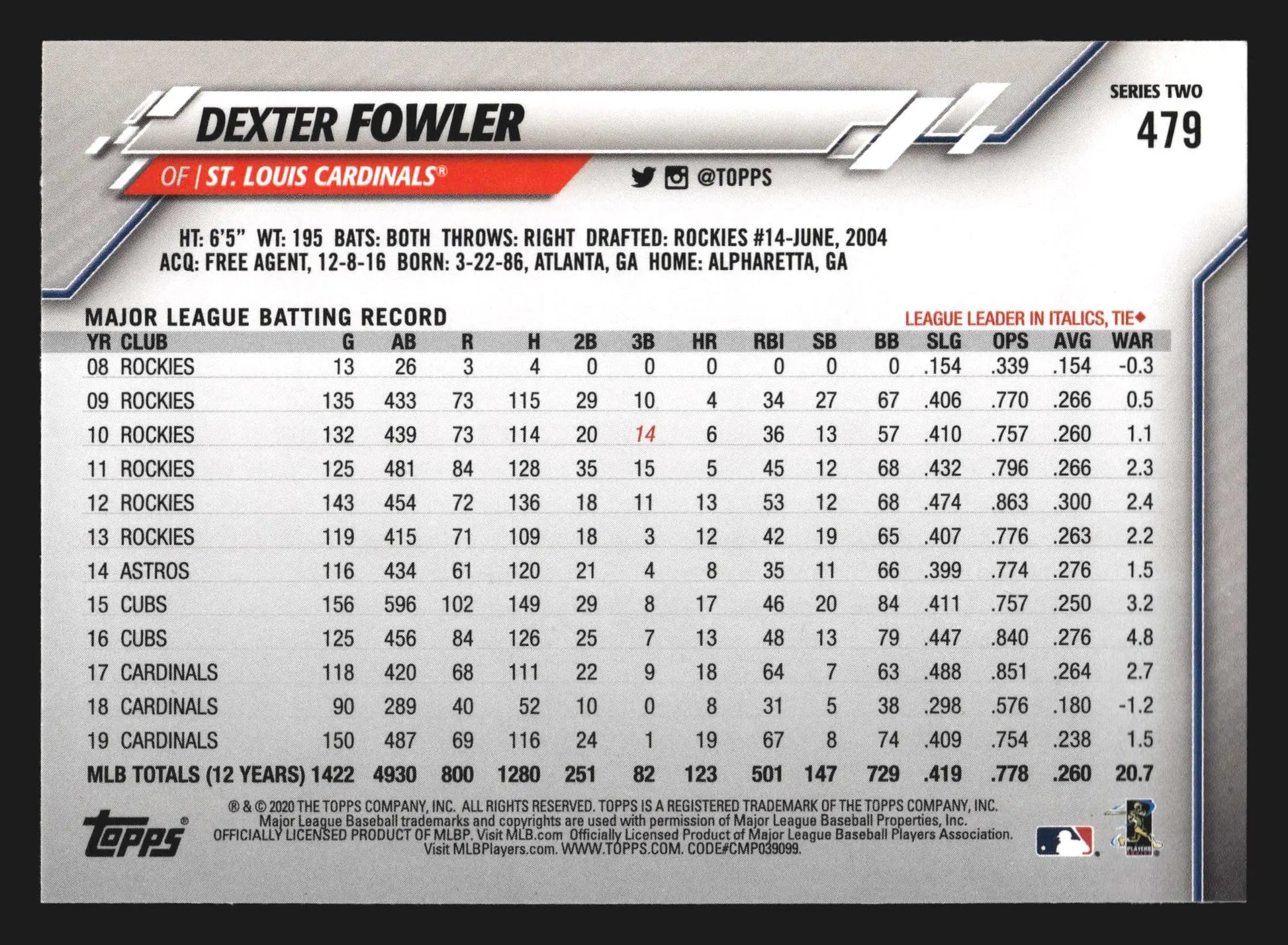 2020 Topps Series 2 Dexter Fowler #479 St. Louis Cardinals - Baseball Card Single