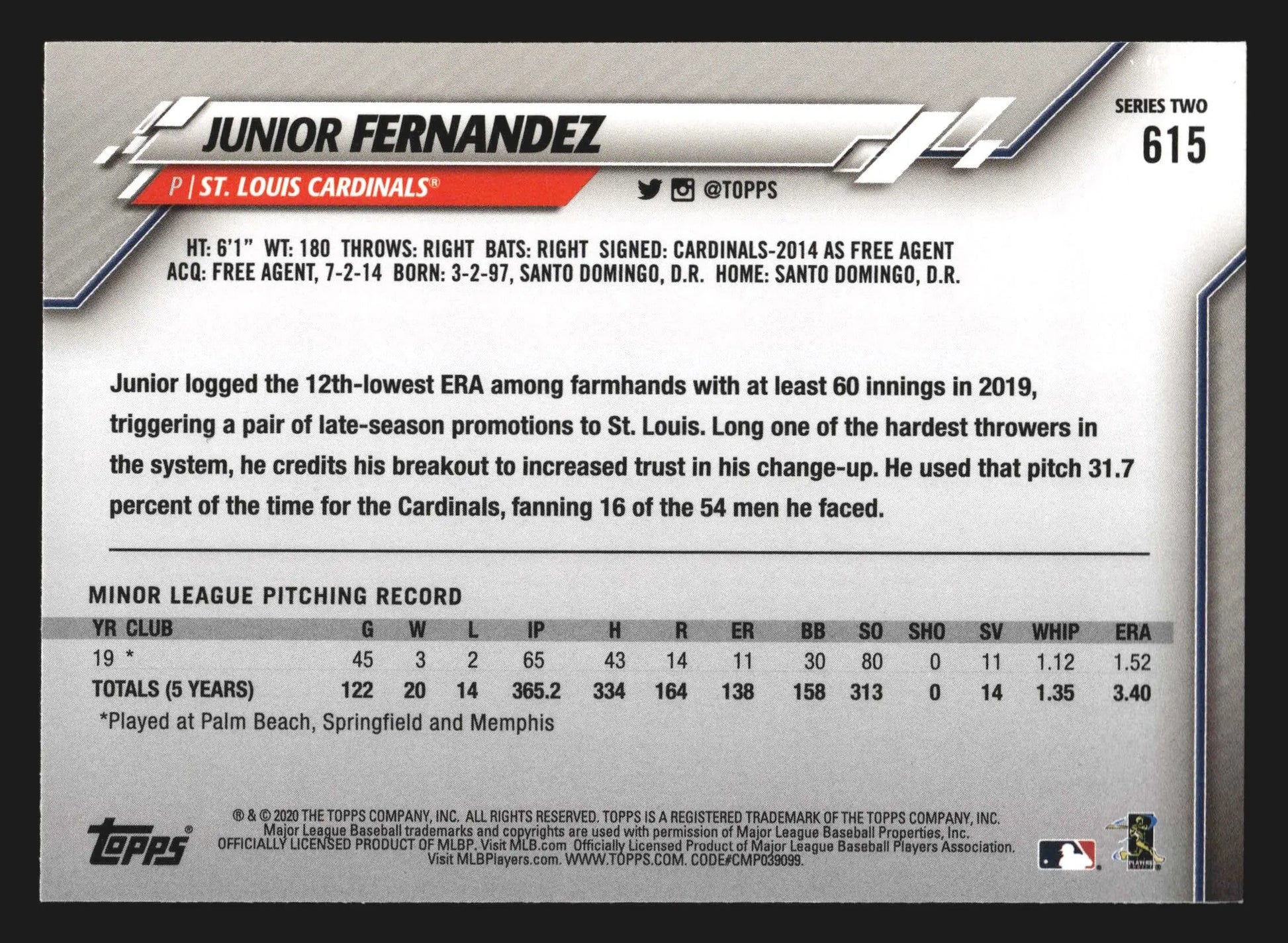 2020 Topps Series 2 Junior Fernandez #615 RC Rookie Cardinals - Baseball Card Single