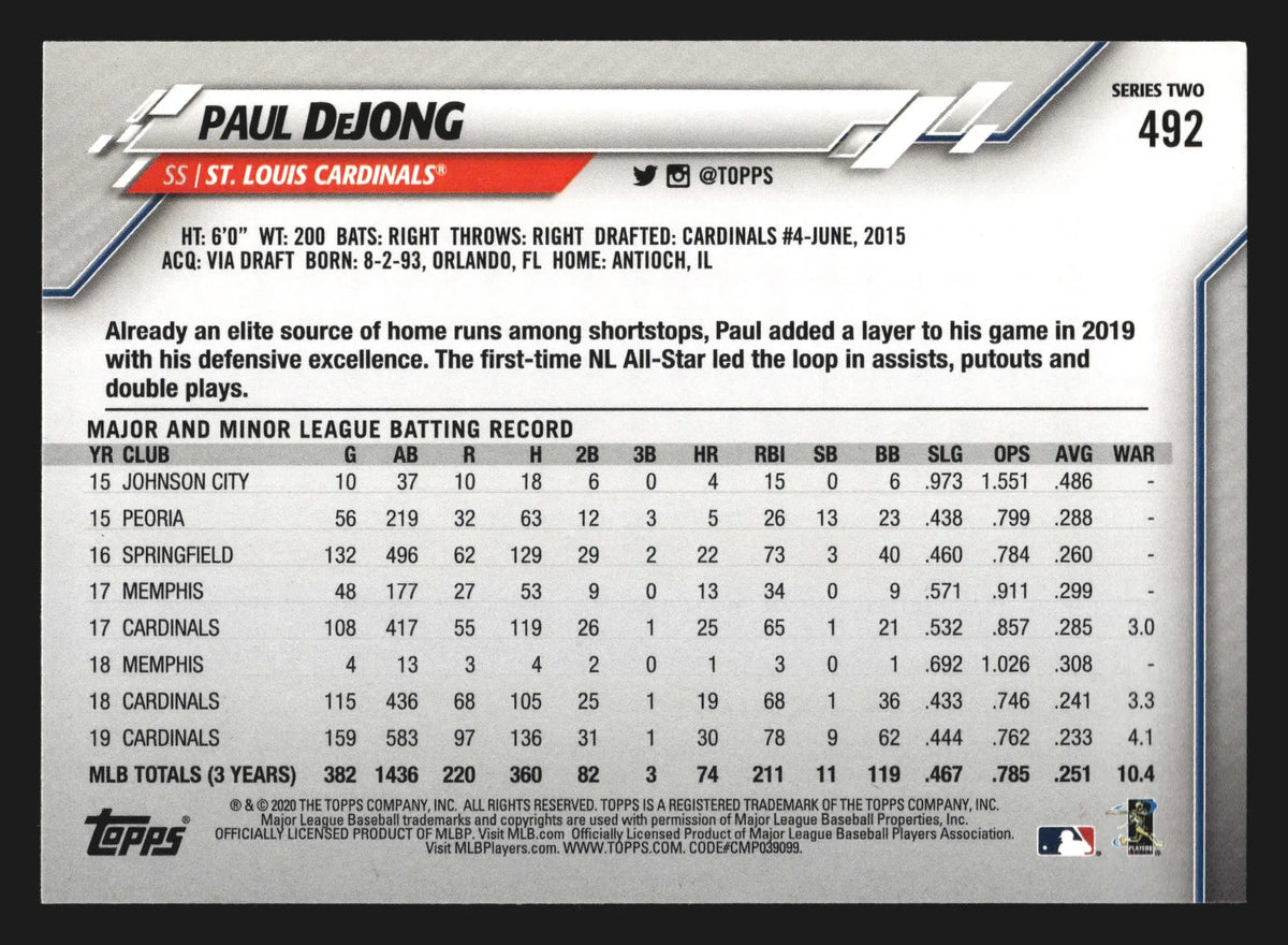 2020 Topps Series 2 Paul DeJong #492 St. Louis Cardinals - Baseball Card Single