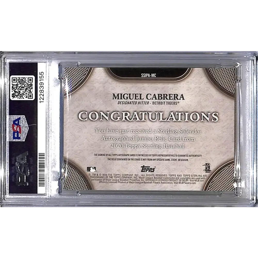 2020 Topps Sterling Splendor Jumbo #SSJPA-MC Miguel Cabrera PSA 10 GEM MINT MEM Auto Detroit Tigers - Baseball Card