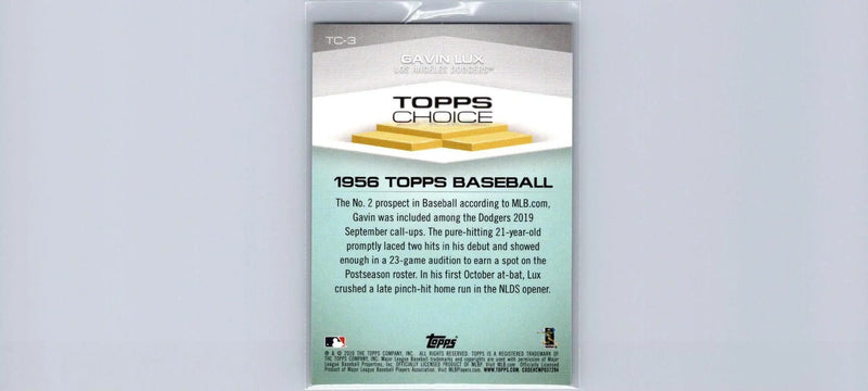 Baseball card pack of 2020 Topps #TC-3 Gavin Lux Topps Choice collectible item