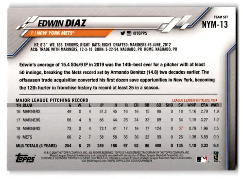 2020 Topps Team Sets #NYM-13 Edwin Diaz NM Near Mint Mets ID:82376 - Baseball Card Single