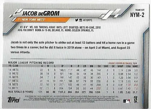 2020 Topps Team Sets Jacob deGrom baseball card with original gloss in NM-MT condition