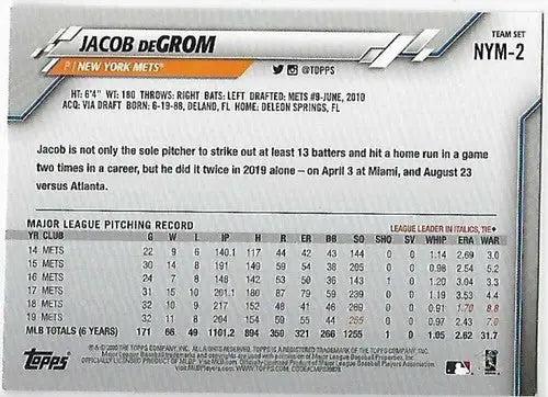 2020 Topps Team Sets #NYM-2 Jacob deGrom NM Near Mint Mets - Baseball Card Single