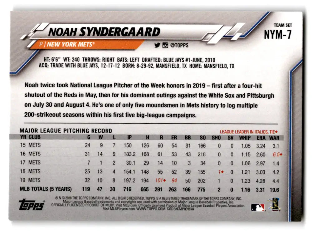 2020 Topps Team Sets #NYM-7 Noah Syndergaard NM-MT Mets ID:82370 - Baseball Card Single