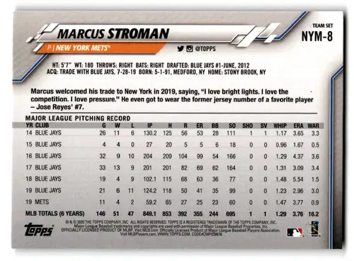 2020 Topps Team Sets #NYM-8 Marcus Stroman NM-MT Mets ID:82371 - Baseball Card Single