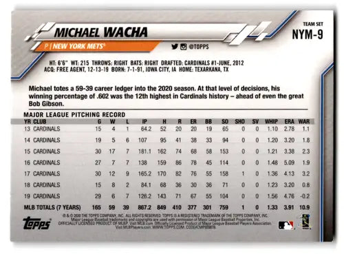 2020 Topps Team Sets #NYM-9 Michael Wacha NM-MT Mets ID:82372 - Baseball Card Single