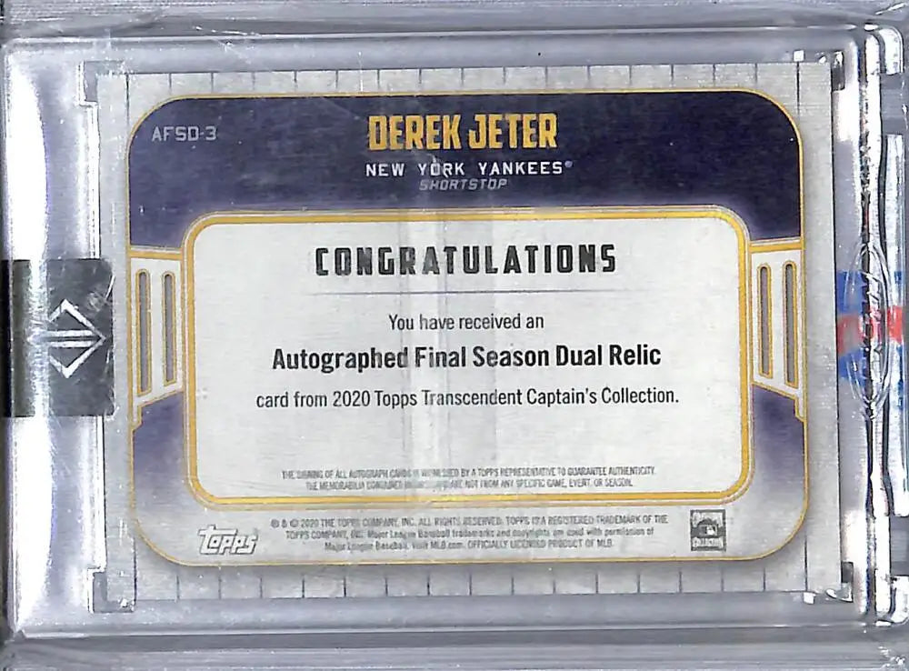 2020 Topps Transcendent Captain’s Collection Final Season #AFSD-3 Derek Jeter NM-MT MEM Auto 2/2 New York Yankees