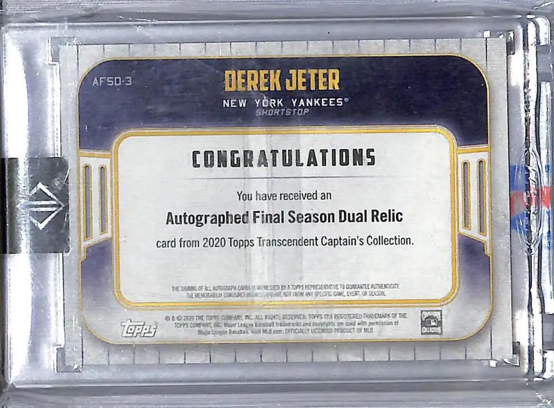 2020 Topps Transcendent Captain’s Collection Final Season #AFSD-3 Derek Jeter NM-MT MEM Auto 2/2 New York Yankees