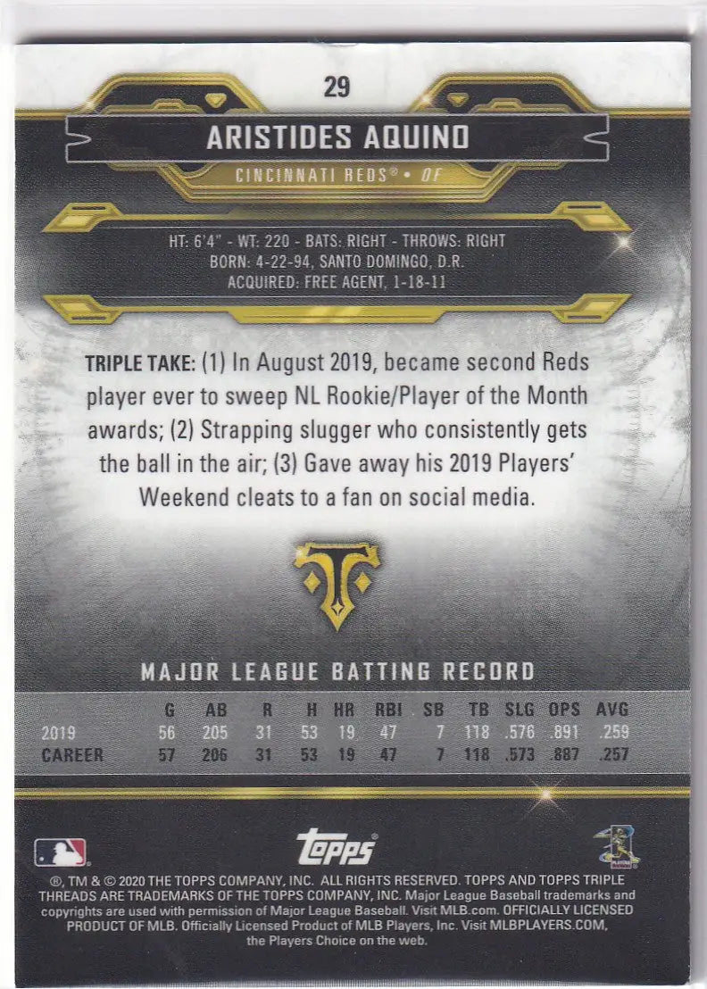 2020 TOPPS TRIPLE THREADS #29 ARISTIDES AQUINO- CINCINNATI REDS - Baseball Card Single