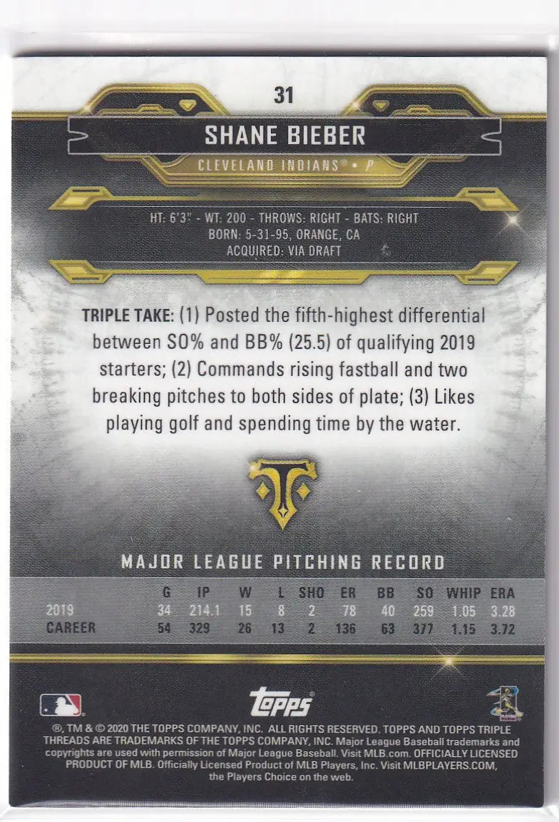 2020 TOPPS TRIPLE THREADS #31 SHANE BIEBER- CLEVELAND INDIANS - Baseball Card Single