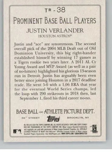 2020 Topps Turkey Red #TR-38 Justin Verlander NM-MT Astros ID:26466 - Baseball Card Single