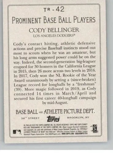 Reverse side of 2020 Topps Turkey Red Cody Bellinger baseball trading card with original gloss