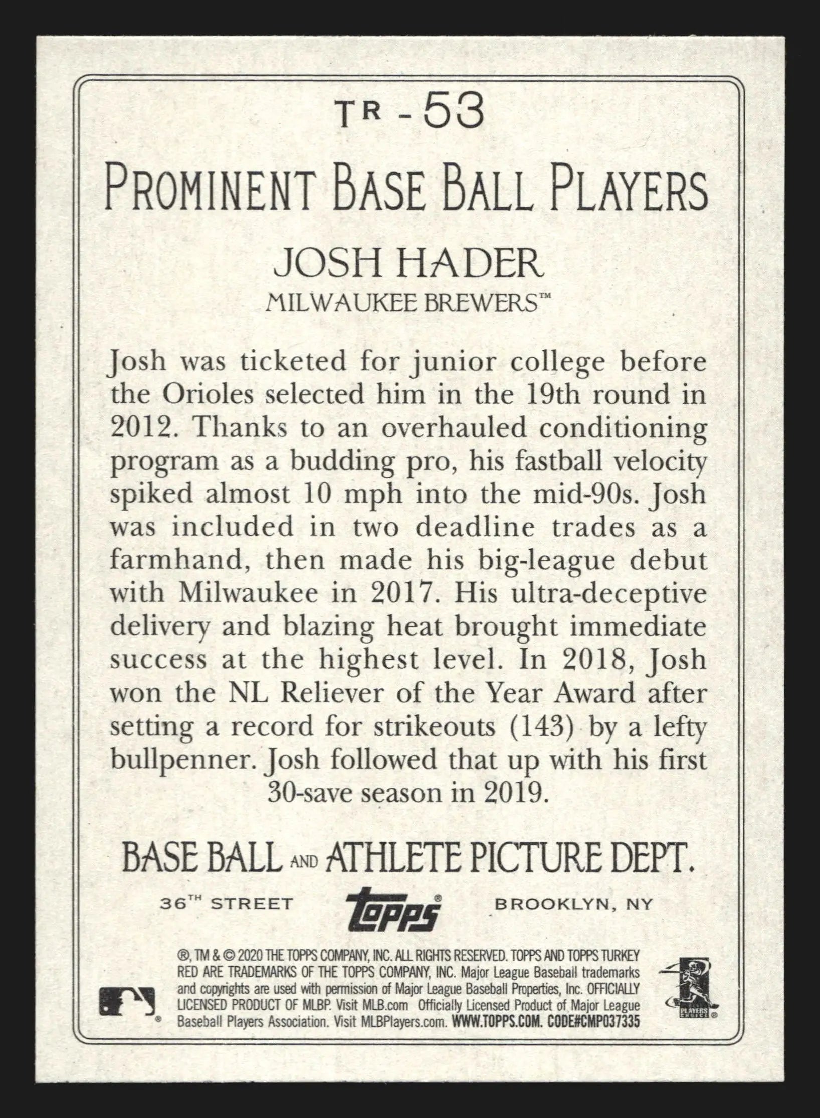 2020 Topps Turkey Red #TR-53 Josh Hader Milwaukee Brewers - Baseball Card Single