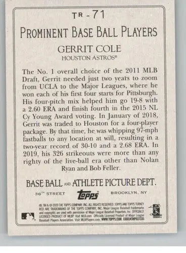 2020 Topps Turkey Red Gerrit Cole baseball card Astros NM-MT high-quality collection