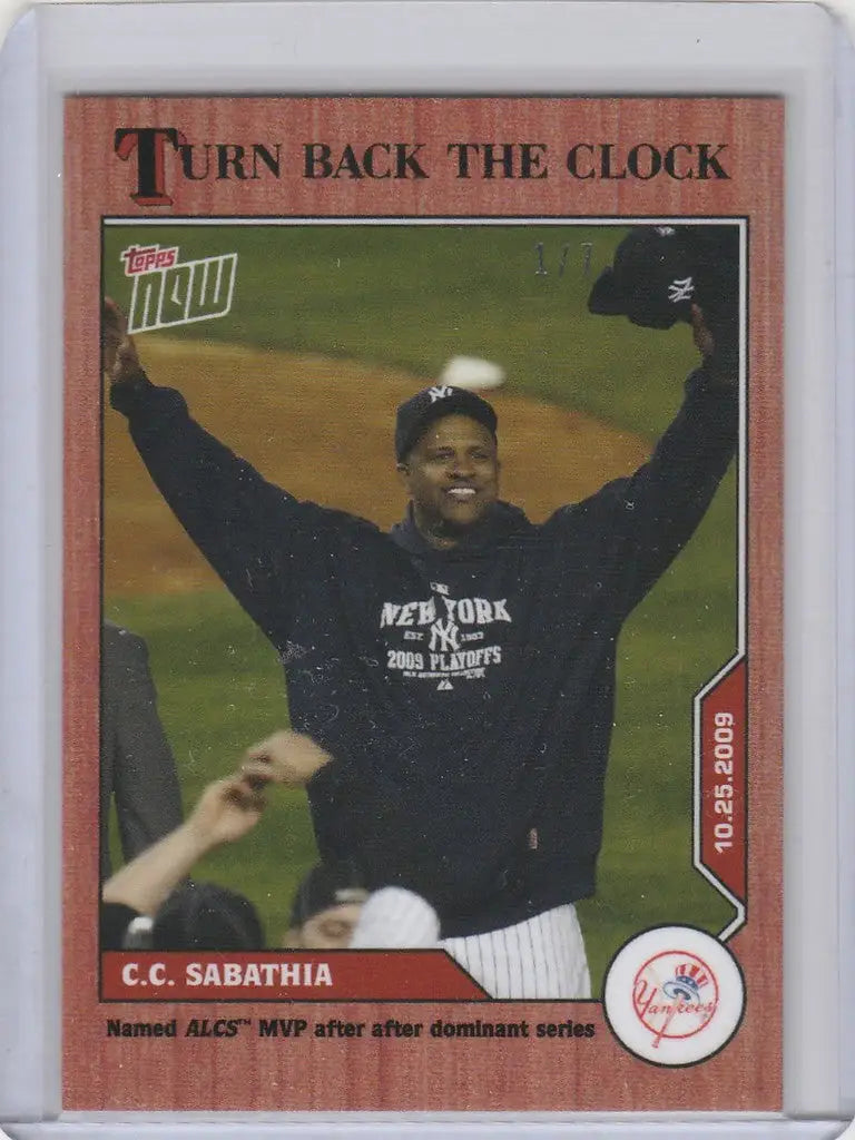 Baseball trading card of C.C. Sabathia celebrating in New York Yankees Cherry uniform