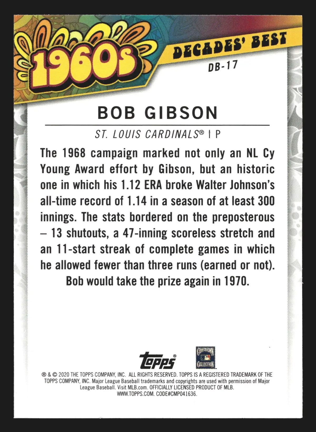2020 Topps Update Decades’ Best Bob Gibson #DB-17 HOF Cardinals - Baseball Card Single