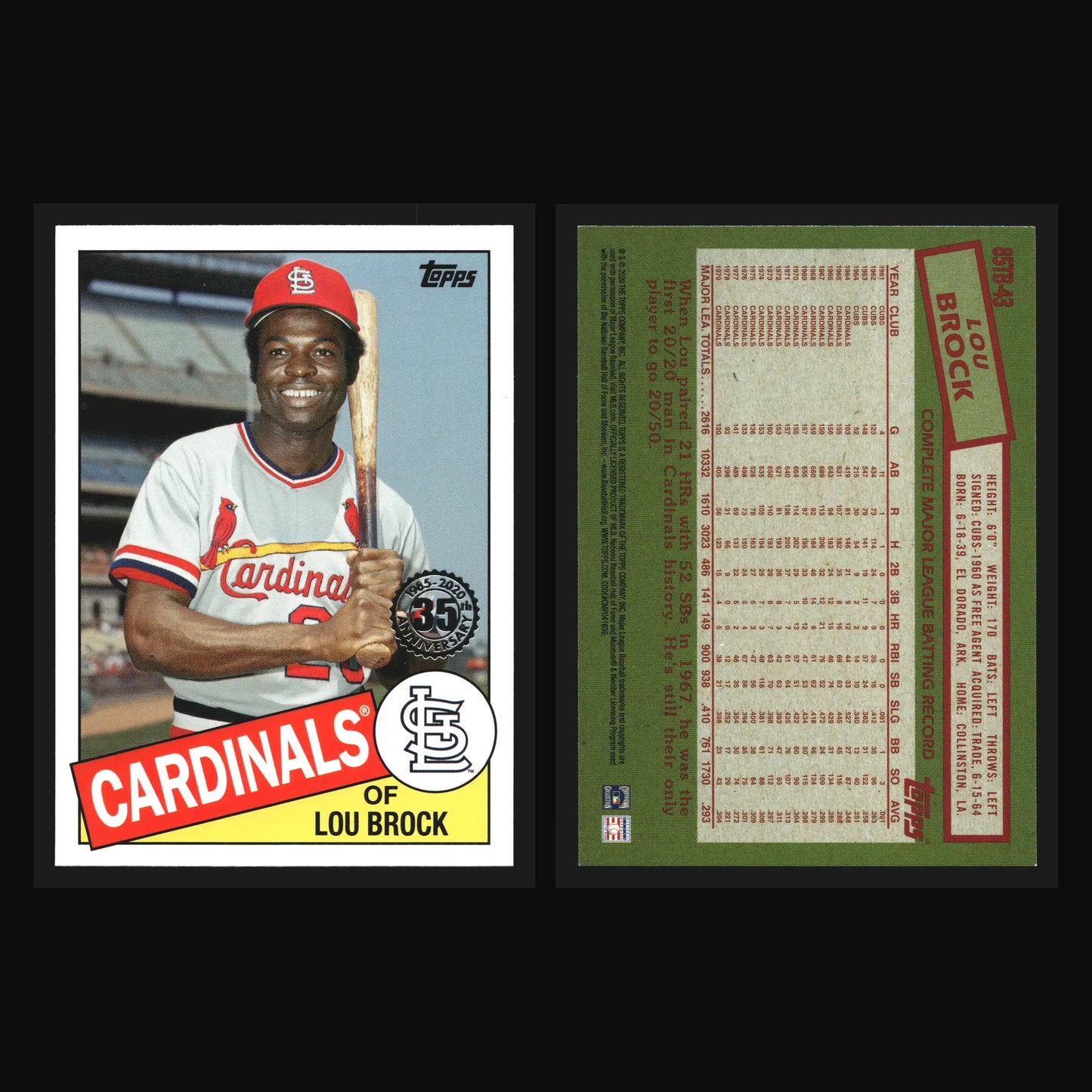 2020 Topps Update Lou Brock #85TB-43 1985 Topps Baseball Cardinals HOF - Baseball Card Single