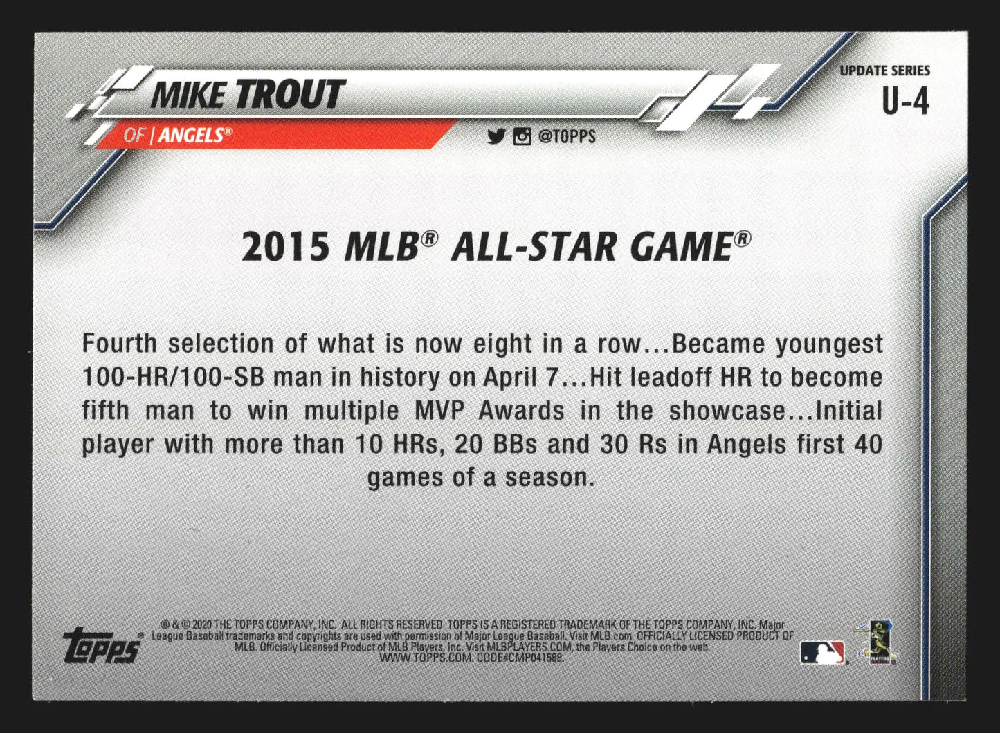 2020 Topps Update Mike Trout #U-4 2015 All-Star Game Angels - Baseball Card Single