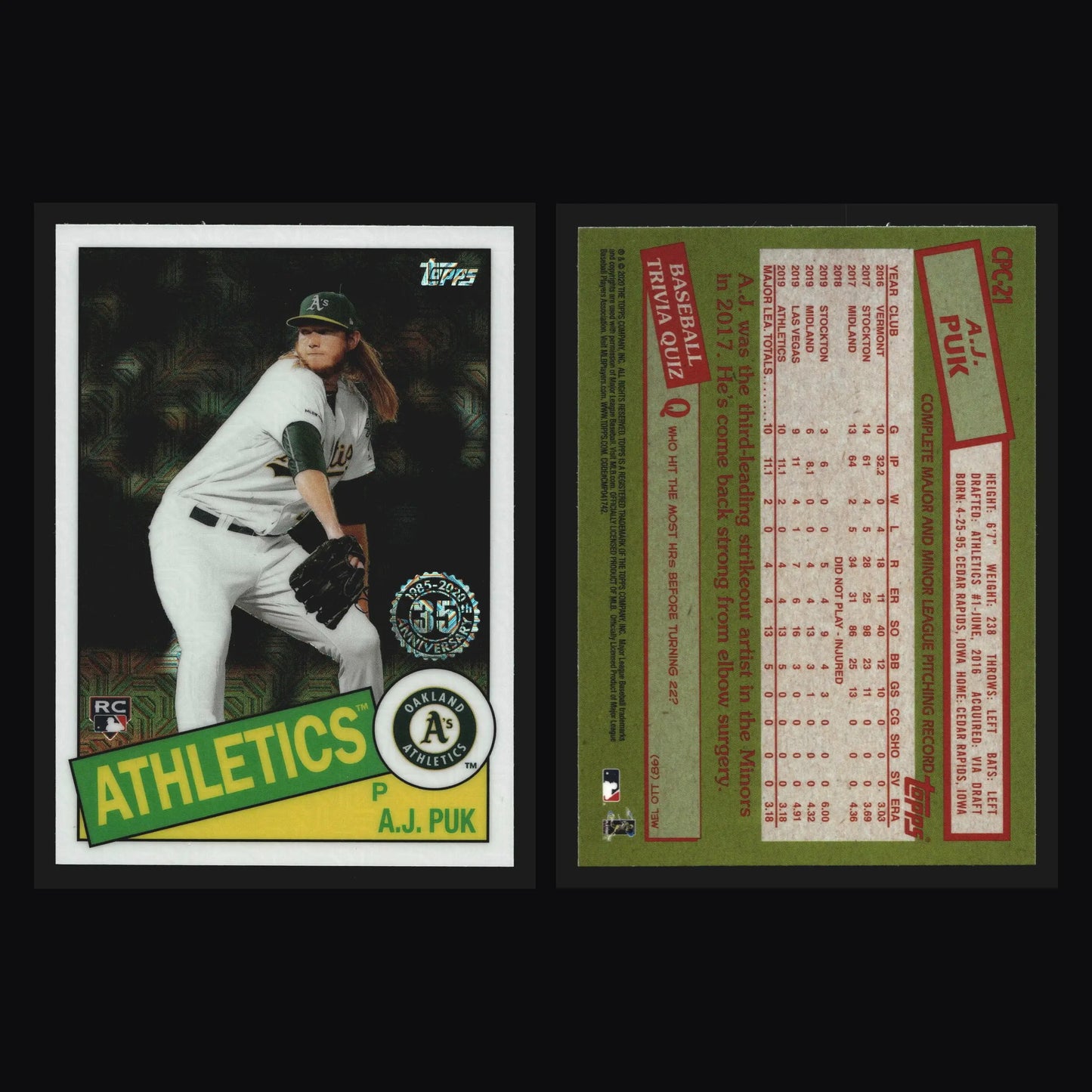 2020 Topps Update Silver Pack 1985 Chrome #CPC-21 A.J. Puk Mojo Refractor RC - Baseball Card Single