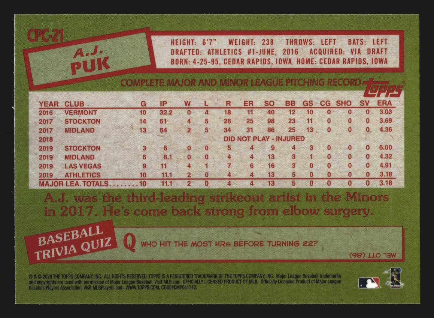 2020 Topps Update Silver Pack 1985 Chrome #CPC-21 A.J. Puk Mojo Refractor RC - Baseball Card Single