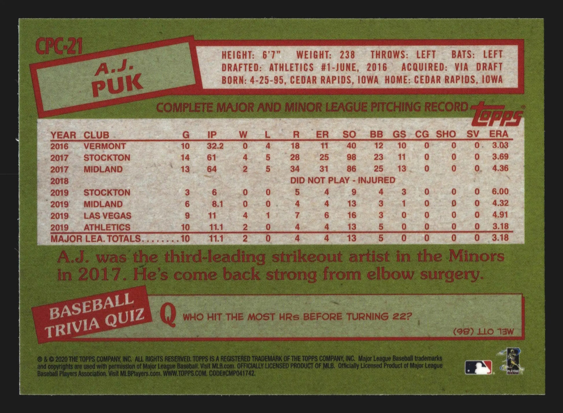 2020 Topps Update Silver Pack 1985 Chrome #CPC-21 A.J. Puk Mojo Refractor RC - Baseball Card Single