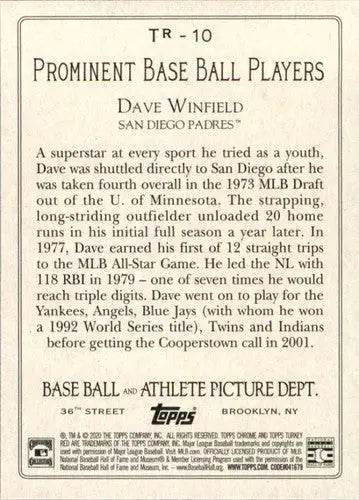 Baseball card back from 2020 Topps Update Turkey Red series featuring Dave Winfield Padres