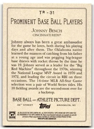 Johnny Bench baseball card back from 2020 Topps Update Turkey Red series