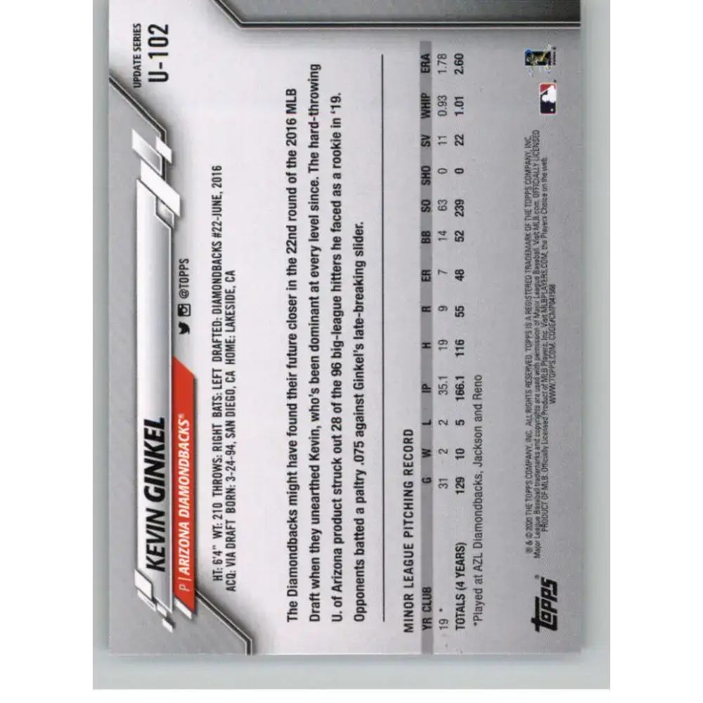 2020 Topps Update #U-102 Kevin Ginkel NM-MT RC Rookie Arizona Diamondbacks Baseball Card - Baseball Card