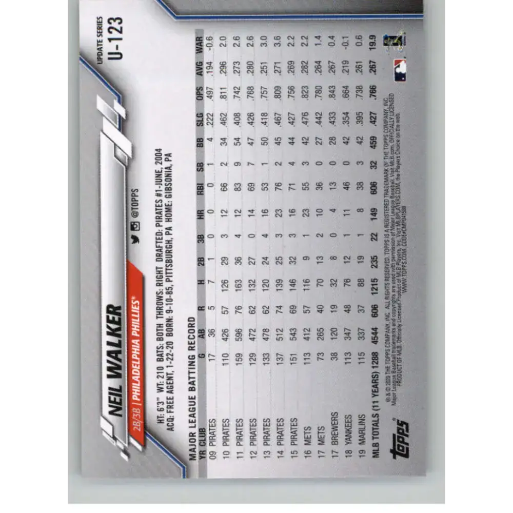 2020 Topps Update #U-123 Neil Walker NM-MT Philadelphia Phillies Baseball Card - Baseball Card