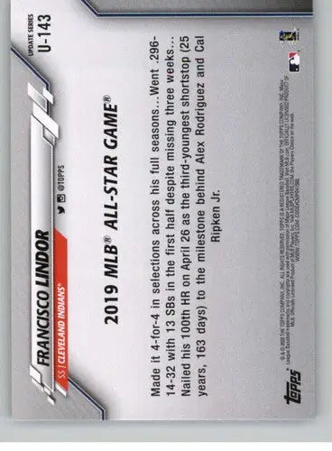 Original gloss 2020 Topps Update Francisco Lindor baseball card in NM-MT condition