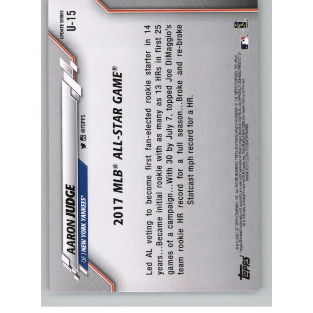 2020 Topps Update #U-15 Aaron Judge NM-MT New York Yankees Baseball Card - Baseball Card
