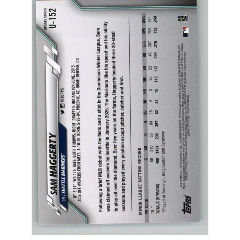 2020 Topps Update #U-152 Sam Haggerty NM-MT RC Rookie Seattle Mariners Baseball Card - Baseball Card Single