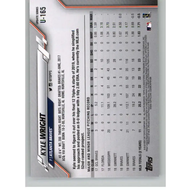 2020 Topps Update #U-165 Kyle Wright NM-MT Atlanta Braves Baseball Card - Baseball Card Single
