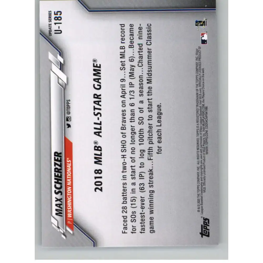 2020 Topps Update #U-185 Max Scherzer NM-MT Washington Nationals Baseball Card - Baseball Card Single