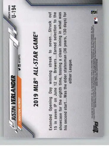 2020 Topps Update #U-194 Justin Verlander NM-MT Astros ID:32845 - Baseball Card Single