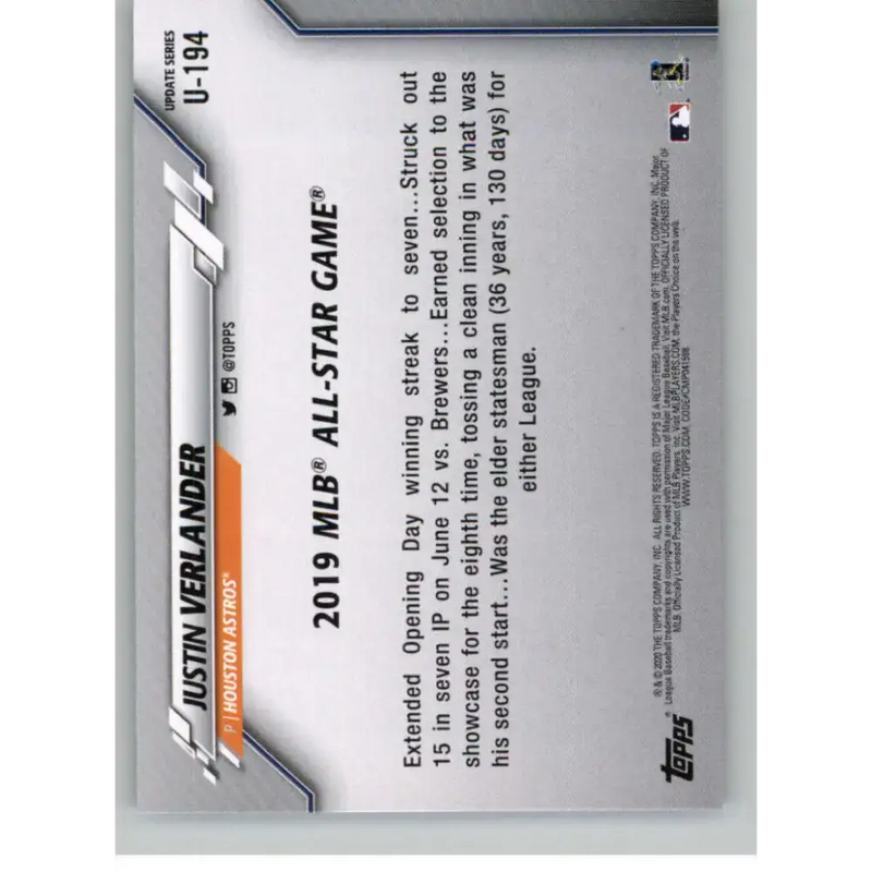 2020 Topps Update #U-194 Justin Verlander NM-MT Houston Astros Baseball Card - Baseball Card Single
