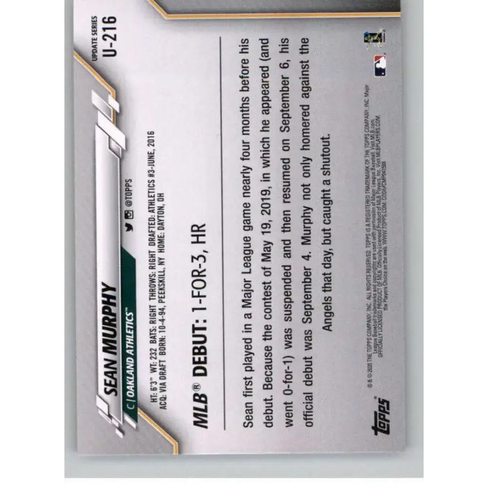 2020 Topps Update #U-216 Sean Murphy NM-MT Oakland Athletics Baseball Card - Baseball Card