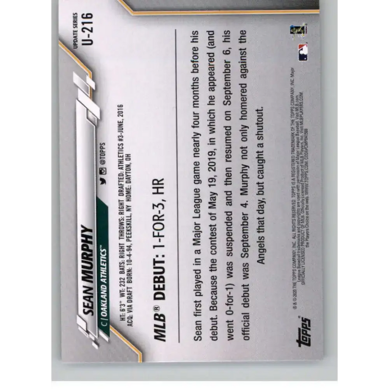 2020 Topps Update #U-216 Sean Murphy NM-MT Oakland Athletics Baseball Card - Baseball Card Single