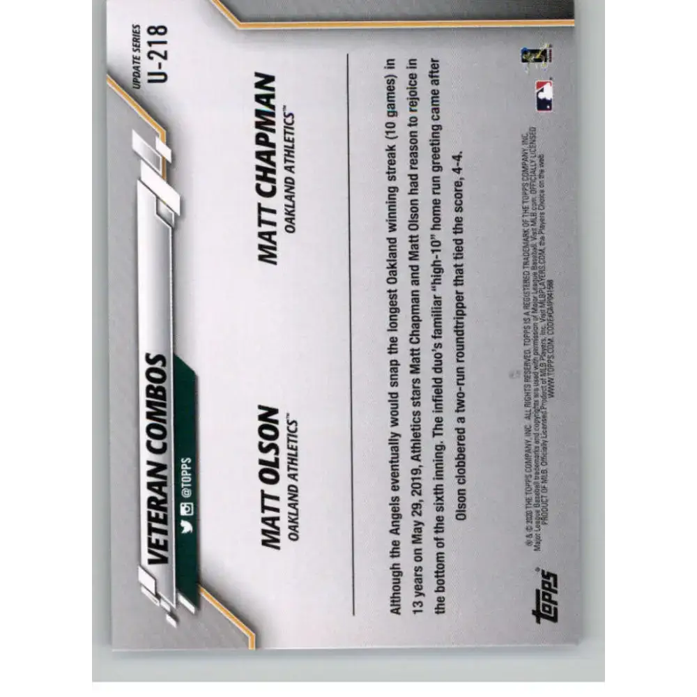2020 Topps Update #U-218 Chapman/Olson NM-MT Oakland Athletics Baseball Card - Baseball Card Single