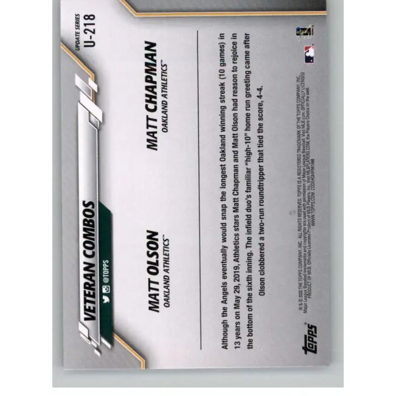 2020 Topps Update #U-218 Chapman/Olson NM-MT Oakland Athletics Baseball Card - Baseball Card Single