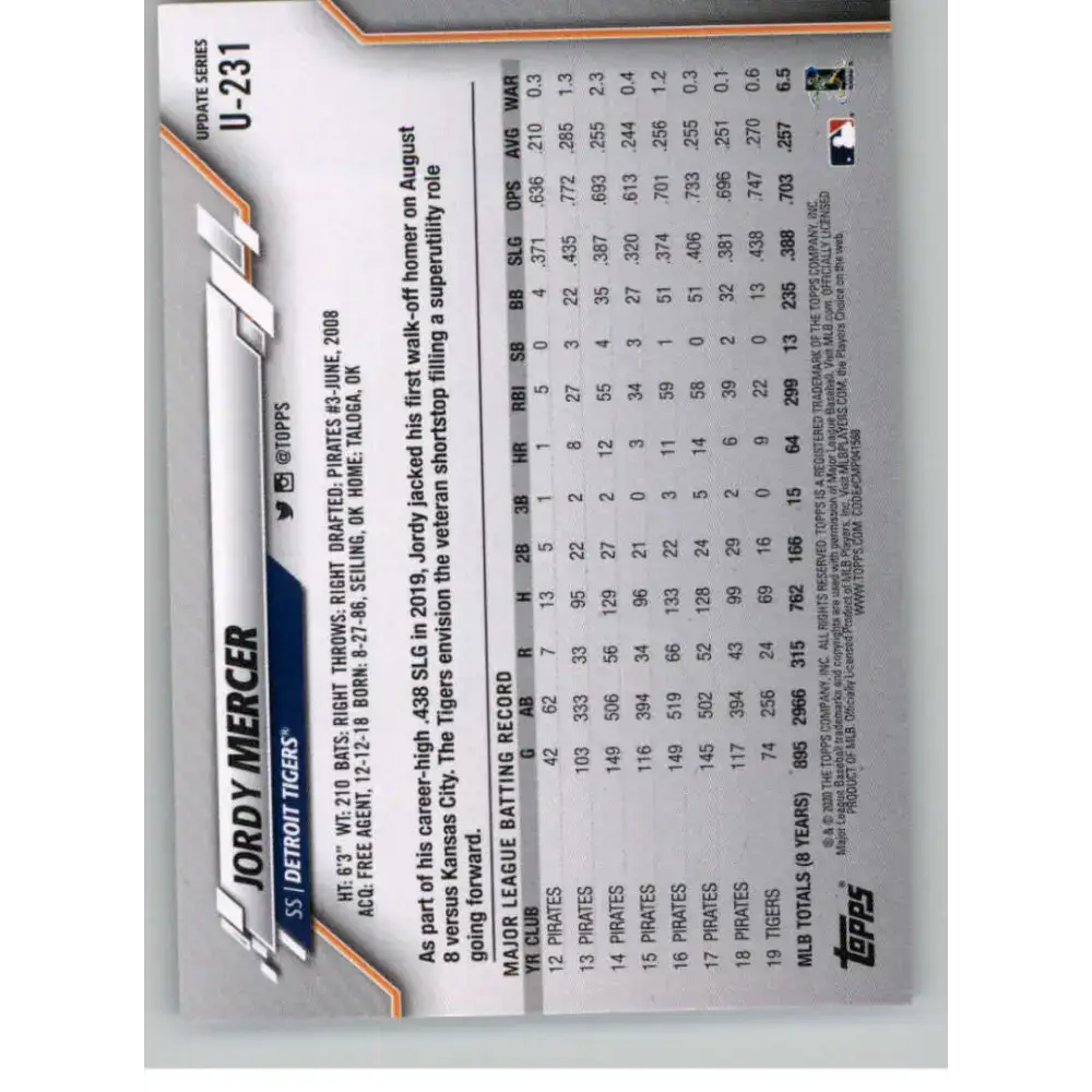 2020 Topps Update #U-231 Jordy Mercer NM-MT Detroit Tigers Baseball Card - Baseball Card