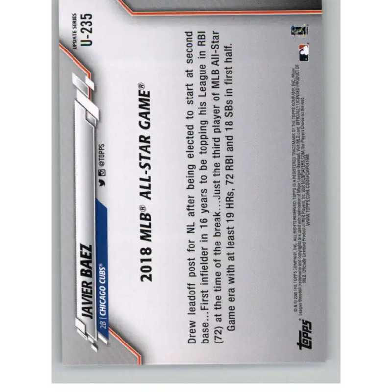 2020 Topps Update #U-235 Javier Baez NM-MT Chicago Cubs Baseball Card - Baseball Card Single