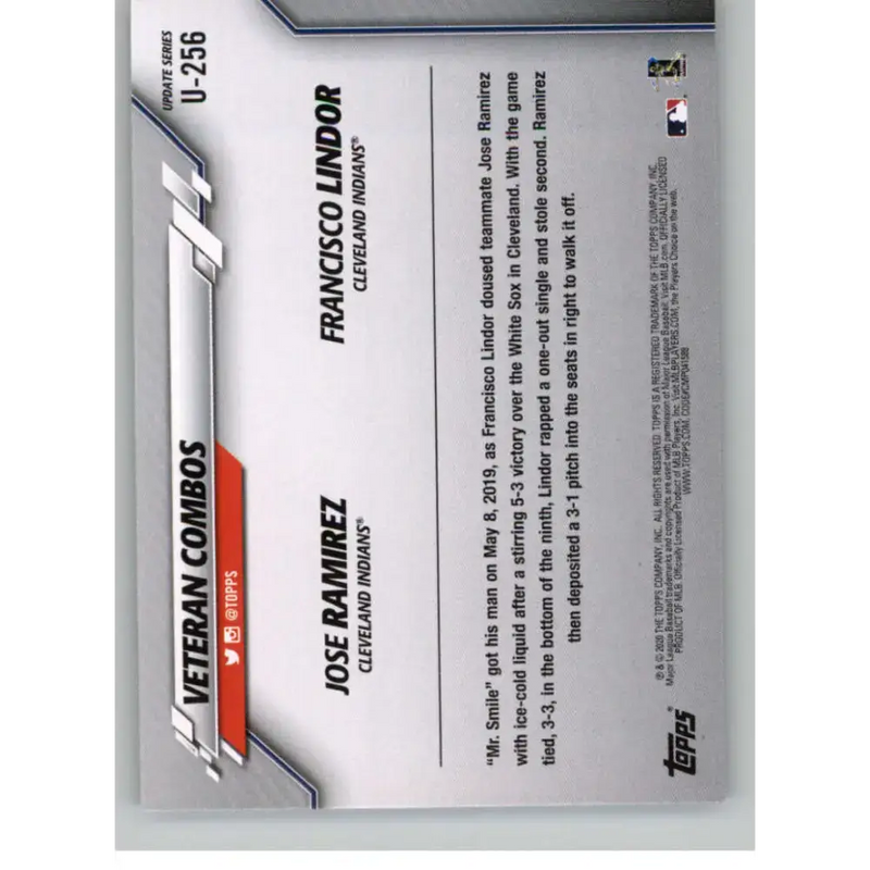2020 Topps Update #U-256 Ramirez/Lindor NM-MT Cleveland Indians Baseball Card - Baseball Card Single
